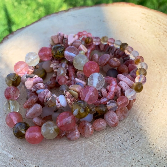 Natural Fire Cherry Quartz & Pink Rhodonite Gemstone Mixed Bead Bracelet Stack - Picture 4 of 10